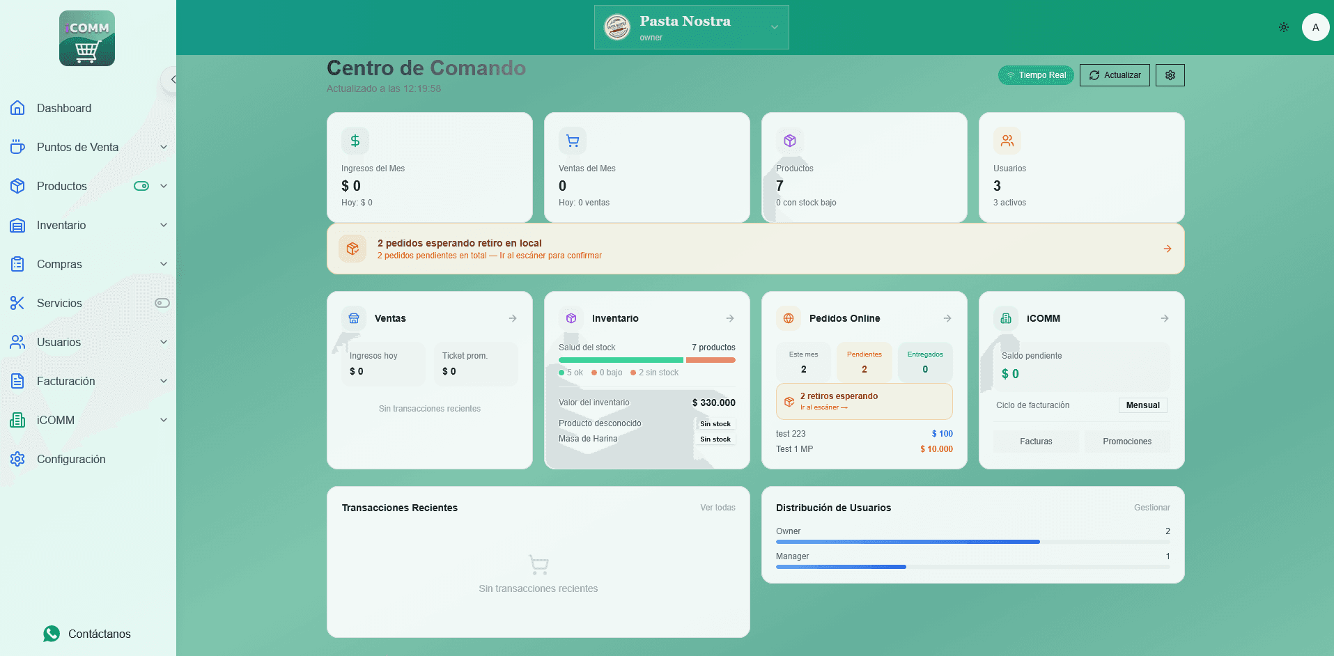 Dashboard POS e inventario iCOMM